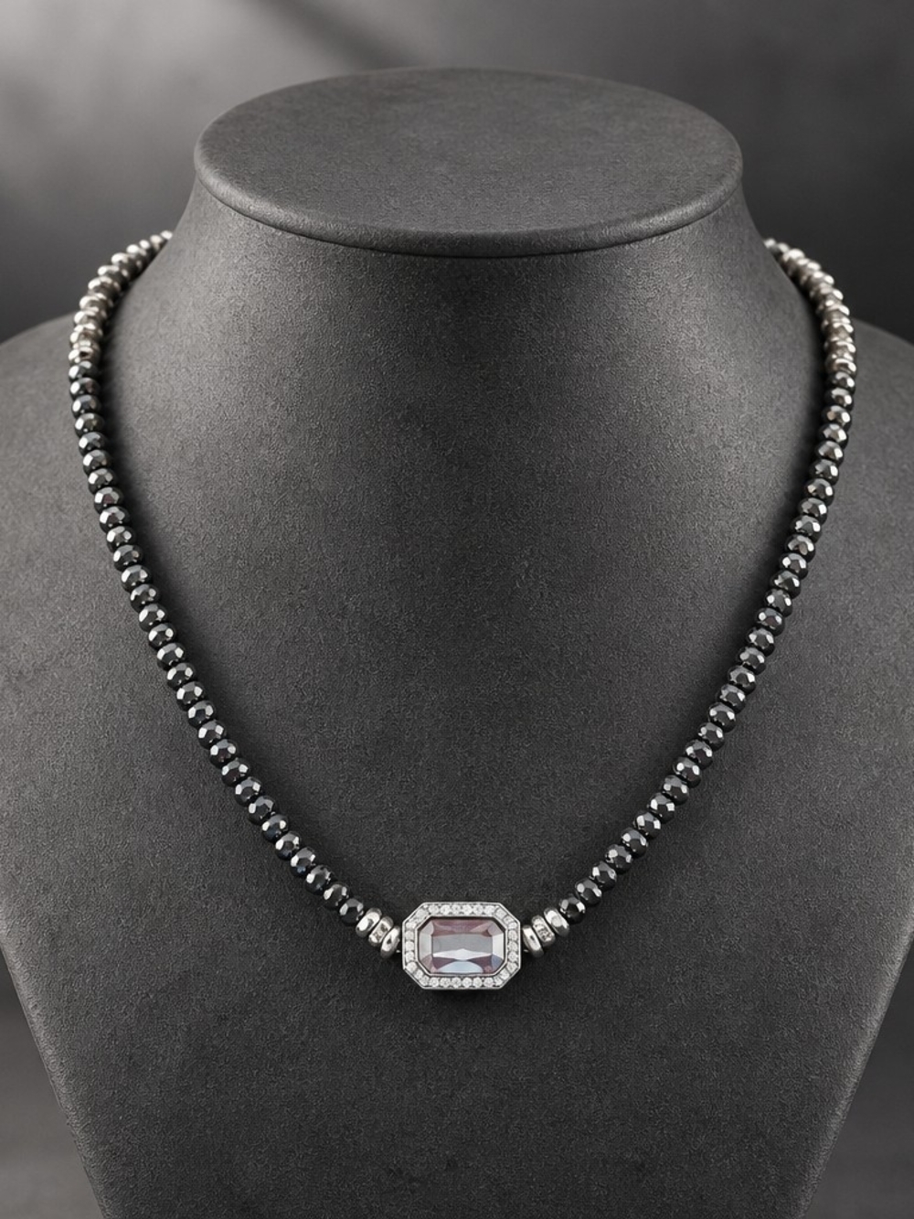 Faceted Bead Necklace with Rectangular Crystal Pendant - Black